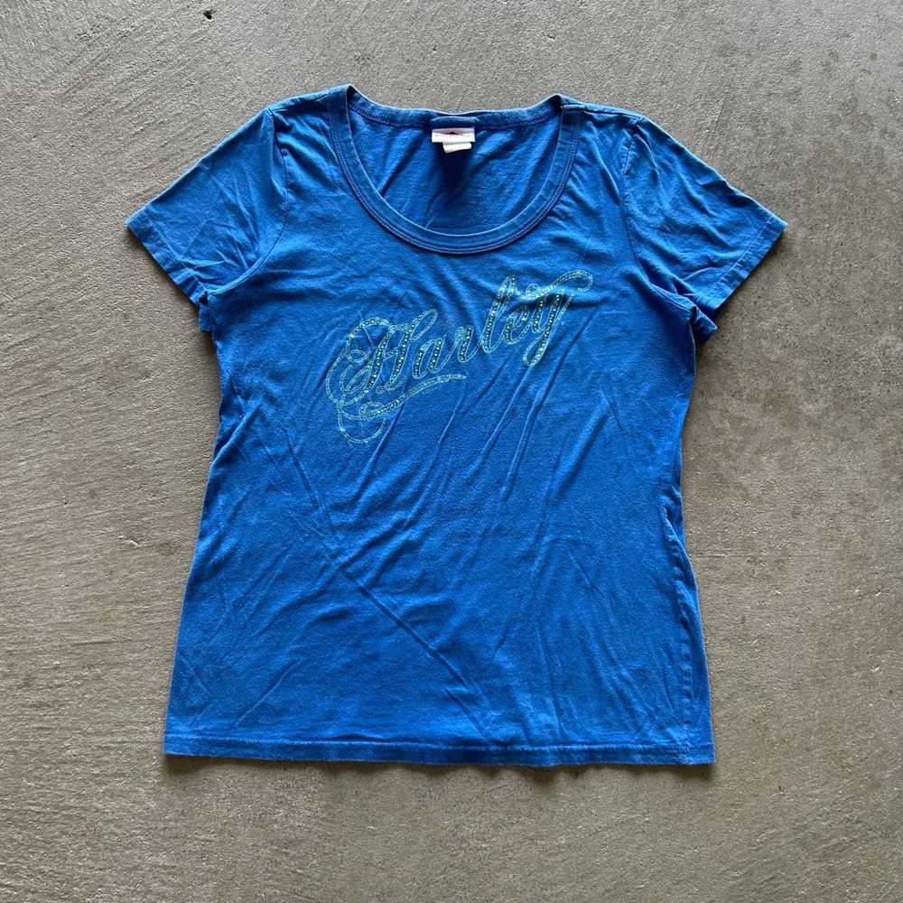 Vintage Harley Davidson Shirt Womens Large Blue Y2K Rhinestone Yorktown Va Biker